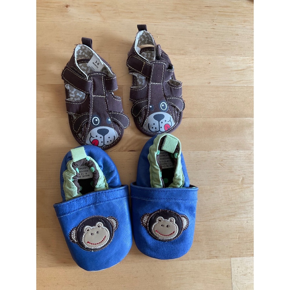 Baby Shoes Bundle Dog Sandals 3-6M and Monkey Leather Moccasins 6-12M Blue Brown